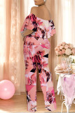 Orange Apricot Street Geometric Print Pocket Flounce Off Shoulder Jumpsuits