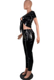 Black Sexy Casual Hot Solid Color Belted V Neck Short Sleeve Two Pieces