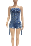 Blue Sexy Solid Color Pocket Buckle Strapless Sleeveless Skinny Denim Jumpsuits