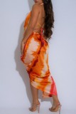 Yellow Sexy Tie Dye Backless Slit Halter Irregular Dresses