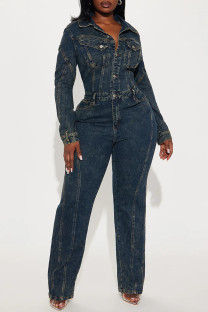 Deep Blue Casual Solid Color Buttons Patchwork Turndown Collar Long Sleeve High Waist Regular Denim Jumpsuits