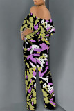 Orange Apricot Street Geometric Print Pocket Flounce Off Shoulder Jumpsuits