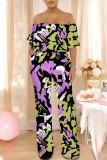 Orange Apricot Street Geometric Print Pocket Flounce Off Shoulder Jumpsuits
