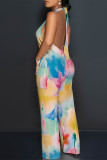 Baby Blue Sexy Floral Print Pocket Lace Up Backless Contrast Loose Jumpsuits