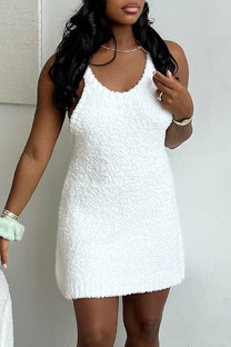 White Sexy Casual Solid Color Basic O Neck Sling Dresses