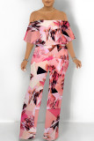 Orange Apricot Street Geometric Print Pocket Flounce Off Shoulder Jumpsuits