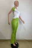 Green Yellow Casual Daily Patchwork Contrast O Neck Short Sleeve Two Pieces