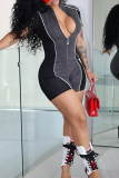 Grey Sexy Patchwork Zipper Zipper Collar Skinny Rompers