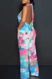 Baby Blue Sexy Floral Print Pocket Lace Up Backless Contrast Loose Jumpsuits