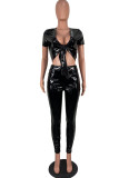 Black Sexy Casual Hot Solid Color Belted V Neck Short Sleeve Two Pieces