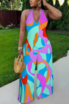 Multi-color Sexy Geometric Print Pocket Lace Up Backless Contrast Halter Loose Jumpsuits