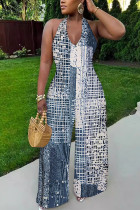 The cowboy blue Sexy Geometric Print Pocket Lace Up Backless Contrast Halter Loose Jumpsuits