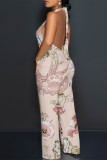 Baby Blue Sexy Floral Print Pocket Lace Up Backless Contrast Loose Jumpsuits