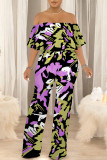 Orange Apricot Street Geometric Print Pocket Flounce Off Shoulder Jumpsuits
