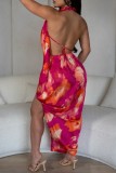 Yellow Sexy Tie Dye Backless Slit Halter Irregular Dresses