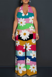 Baby Blue Sexy Floral Print Pocket Lace Up Backless Contrast Loose Jumpsuits