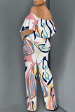 Orange Apricot Street Geometric Print Pocket Flounce Off Shoulder Jumpsuits