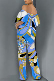 Orange Apricot Street Geometric Print Pocket Flounce Off Shoulder Jumpsuits