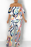 Orange Apricot Street Geometric Print Pocket Flounce Off Shoulder Jumpsuits