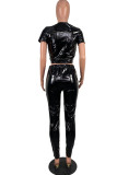 Black Sexy Casual Hot Solid Color Belted V Neck Short Sleeve Two Pieces