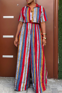 Red Casual Print Buckle Patchwork Turndown Collar Short Sleeve Two Pieces
