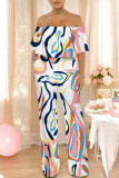 Orange Apricot Street Geometric Print Pocket Flounce Off Shoulder Jumpsuits