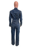 Deep Blue Casual Solid Color Buttons Patchwork Turndown Collar Long Sleeve High Waist Regular Denim Jumpsuits