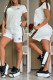 White Casual Jacquard Letters Draw String Pocket O Neck Short Sleeve Two Pieces