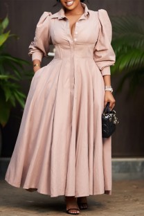 Khaki Casual Daily Solid Color Buttons Turndown Collar Long Dresses
