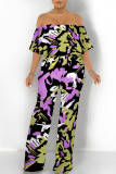 Orange Apricot Street Geometric Print Pocket Flounce Off Shoulder Jumpsuits