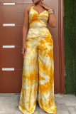 Yellow Casual Tie Dye Patchwork Halter Sleeveless Two Pieces