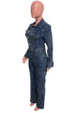 Deep Blue Casual Solid Color Buttons Patchwork Turndown Collar Long Sleeve High Waist Regular Denim Jumpsuits