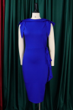Blue Elegant Solid Color Patchwork Strap Design O Neck Long Dresses