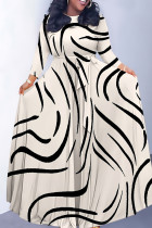 Cream White Casual Striped Print Leopard Pocket With Belt O Neck Printed Dresses