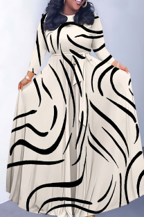 Cream White Casual Striped Print Leopard Pocket With Belt O Neck Printed Dresses