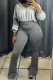 Grey Casual Stripe Draw String Patchwork Hooded Long Sleeve Two Pieces