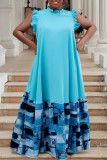 Blue Casual Daily Print Patchwork Half A Turtleneck Long Dresses