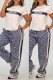 Blue Casual Jacquard Letters Draw String Patchwork Contrast O Neck Short Sleeve Two Pieces
