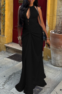 Black Sexy Solid Color Hollow Out Patchwork Ruched O Neck Long Dresses