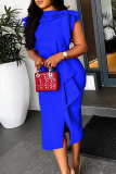 Blue Elegant Solid Color Patchwork Strap Design O Neck Long Dresses