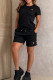 Black Casual Jacquard Letters Draw String Pocket O Neck Short Sleeve Two Pieces