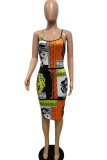 Orange White Sexy Casual Print Backless U Neck Sling Dresses