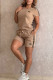 Brown Casual Jacquard Letters Draw String Pocket O Neck Short Sleeve Two Pieces