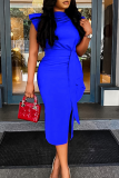 Blue Elegant Solid Color Patchwork Strap Design O Neck Long Dresses
