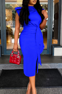 Blue Elegant Solid Color Patchwork Strap Design O Neck Long Dresses