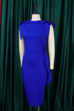 Blue Elegant Solid Color Patchwork Strap Design O Neck Long Dresses
