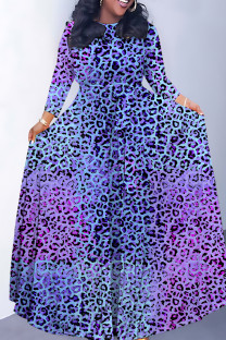 Purple Casual Striped Print Leopard Pocket With Belt O Neck Printed Dresses