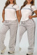 Grey Casual Jacquard Letters Draw String Patchwork Contrast O Neck Short Sleeve Two Pieces