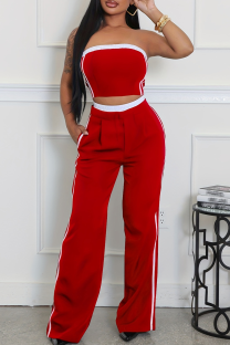 Red Casual Pocket Patchwork Contrast Strapless Sleeveless Two Pieces