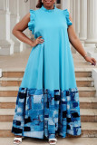 Blue Casual Daily Print Patchwork Half A Turtleneck Long Dresses